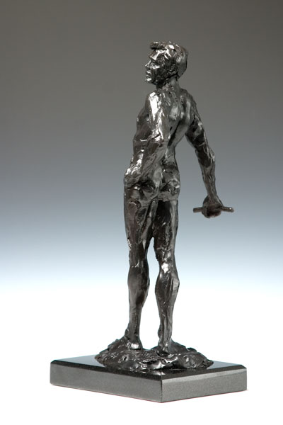 Jesse standing bronze male sculpture back 3/4 view